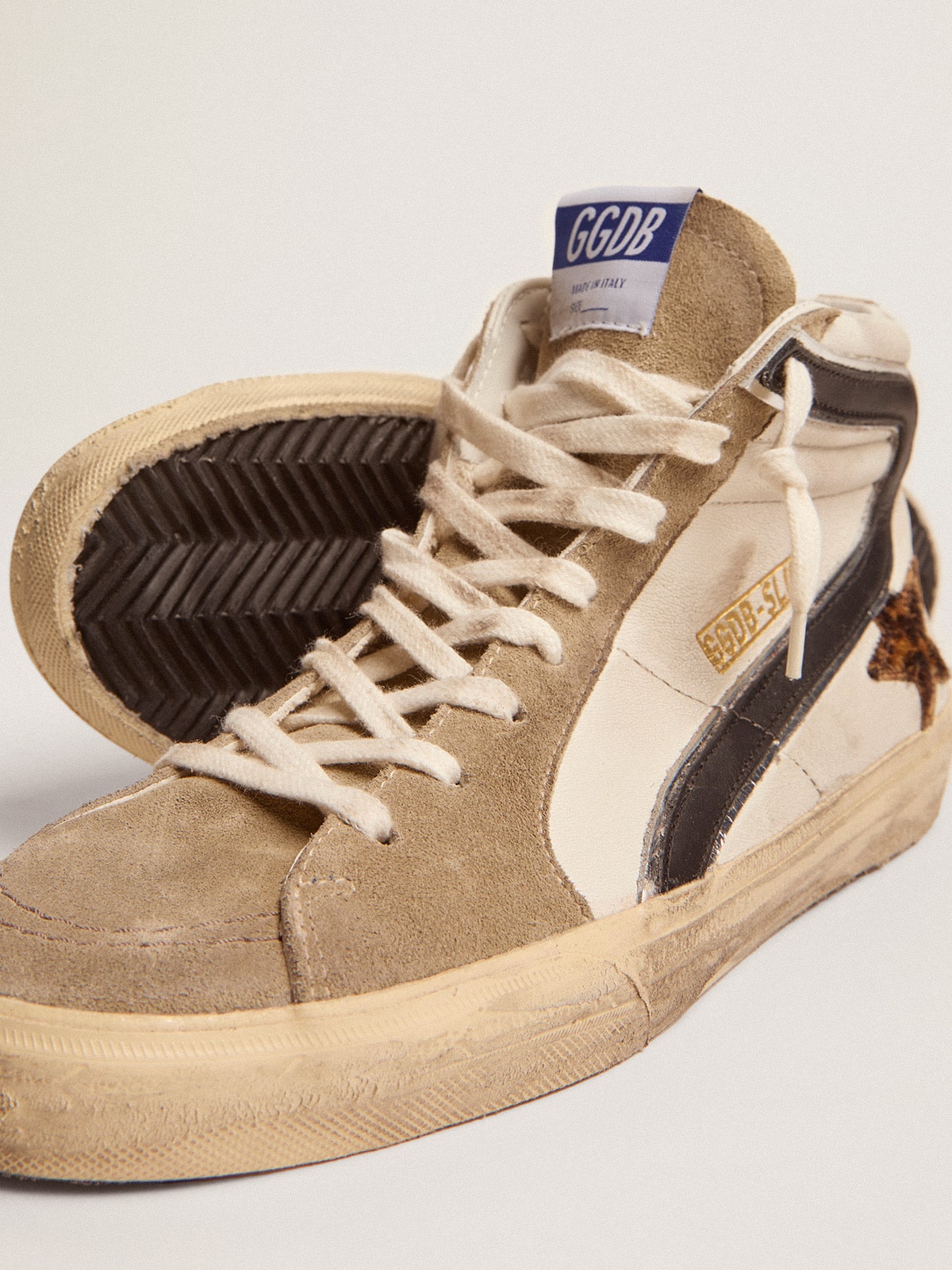 Golden Goose Men's Slide with leopard print pony skin star and black flash
