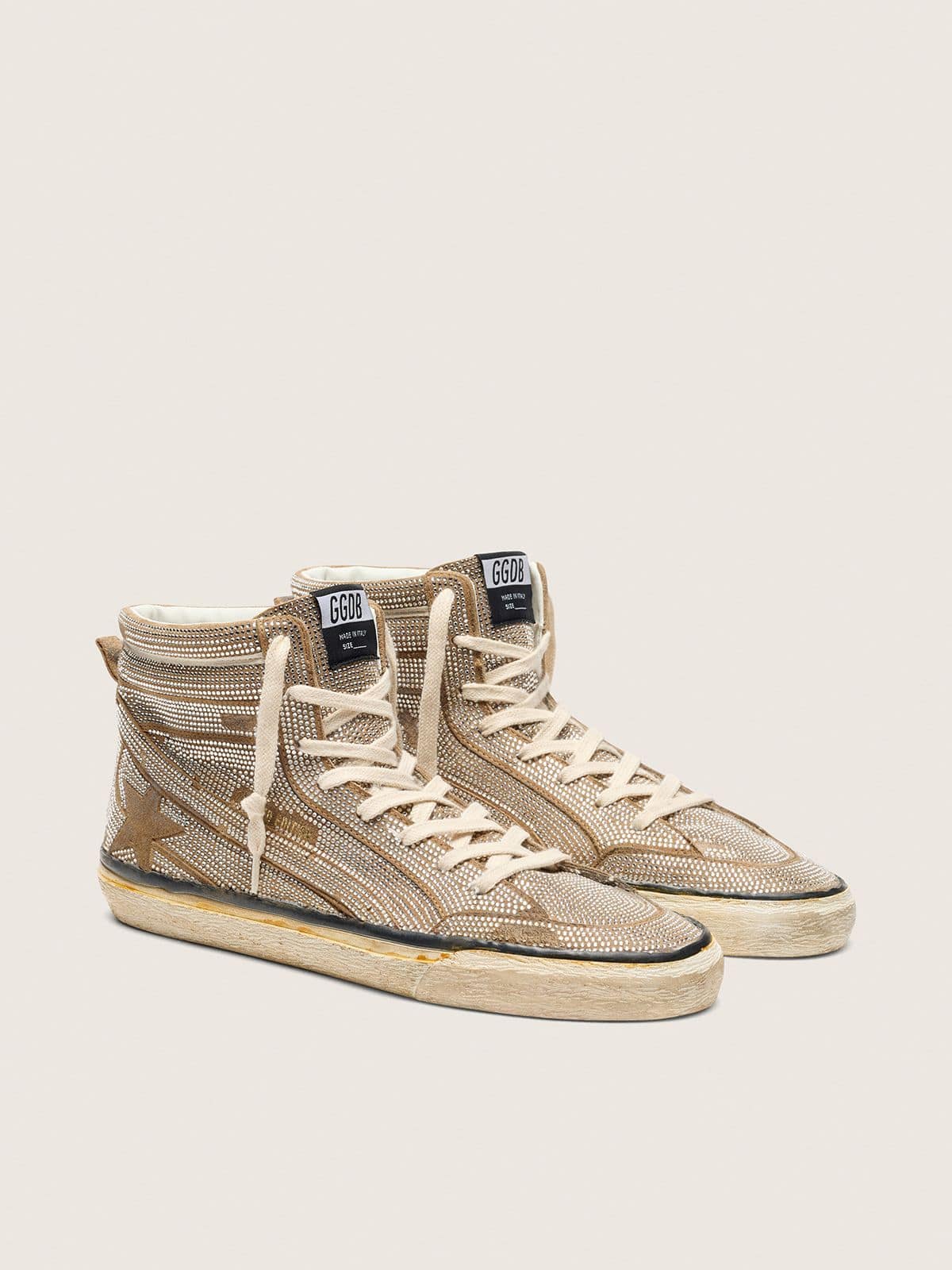 Golden Goose Men's Slide LAB sneakers in tobacco-colored suede with crystals and tobacco-colored suede star