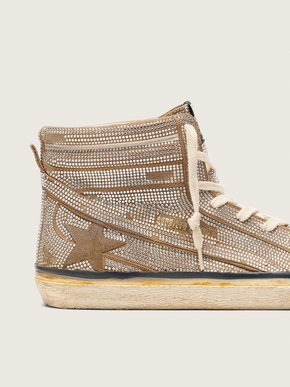Golden Goose Men's Slide LAB sneakers in tobacco-colored suede with crystals and tobacco-colored suede star