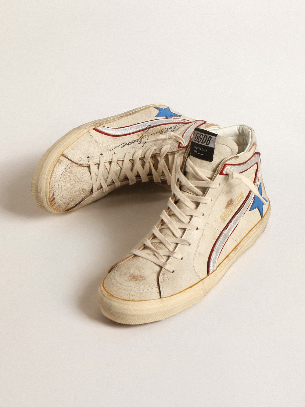 Golden Goose Men’s Slide with light blue leather star and metallic silver leather flash