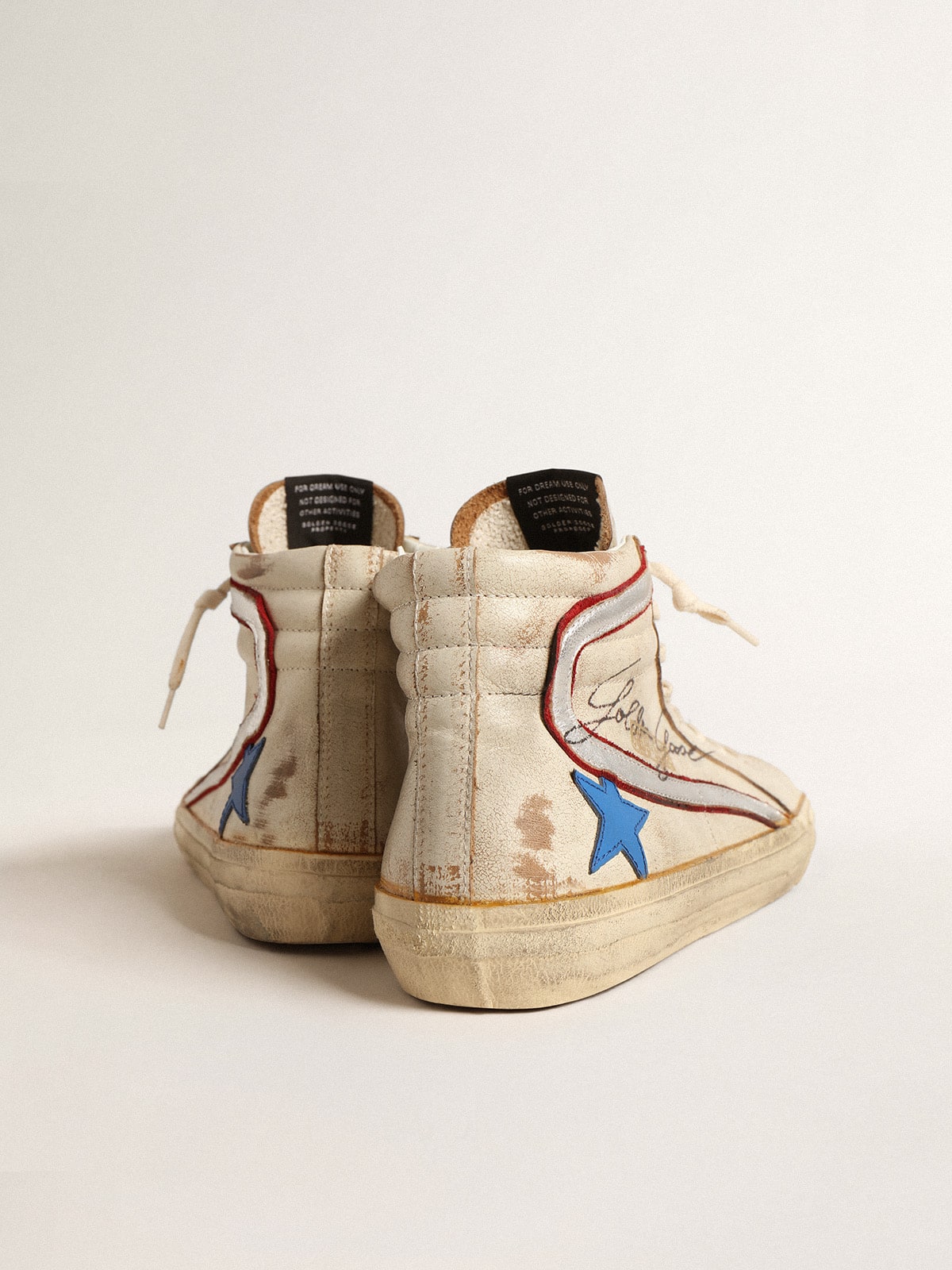 Golden Goose Men’s Slide with light blue leather star and metallic silver leather flash