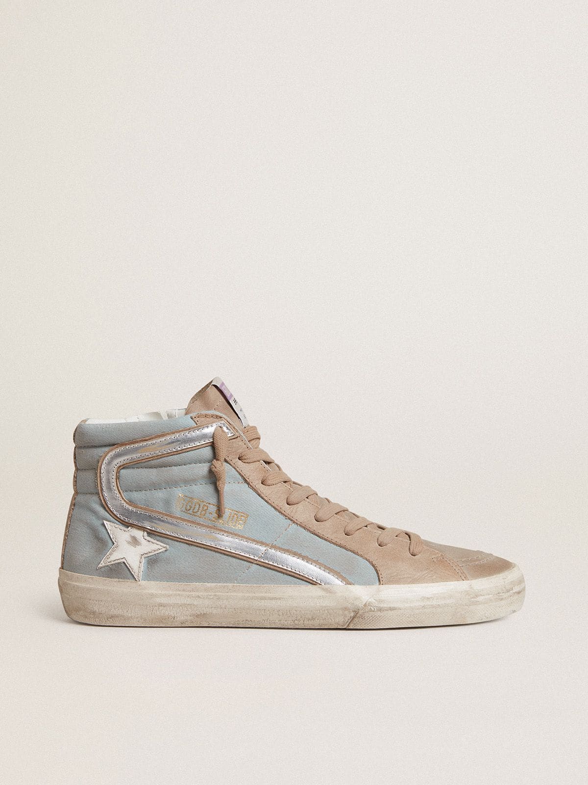 Golden Goose Men's Slide in light blue canvas with silver metallic leather flash
