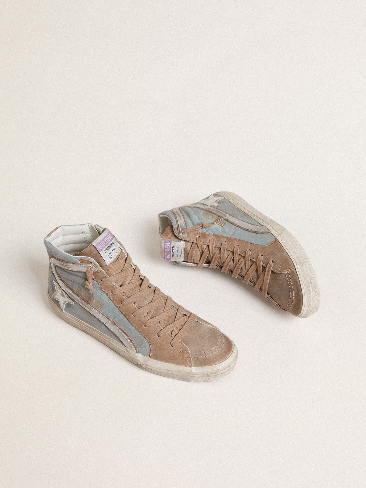 Golden Goose Men's Slide in light blue canvas with silver metallic leather flash
