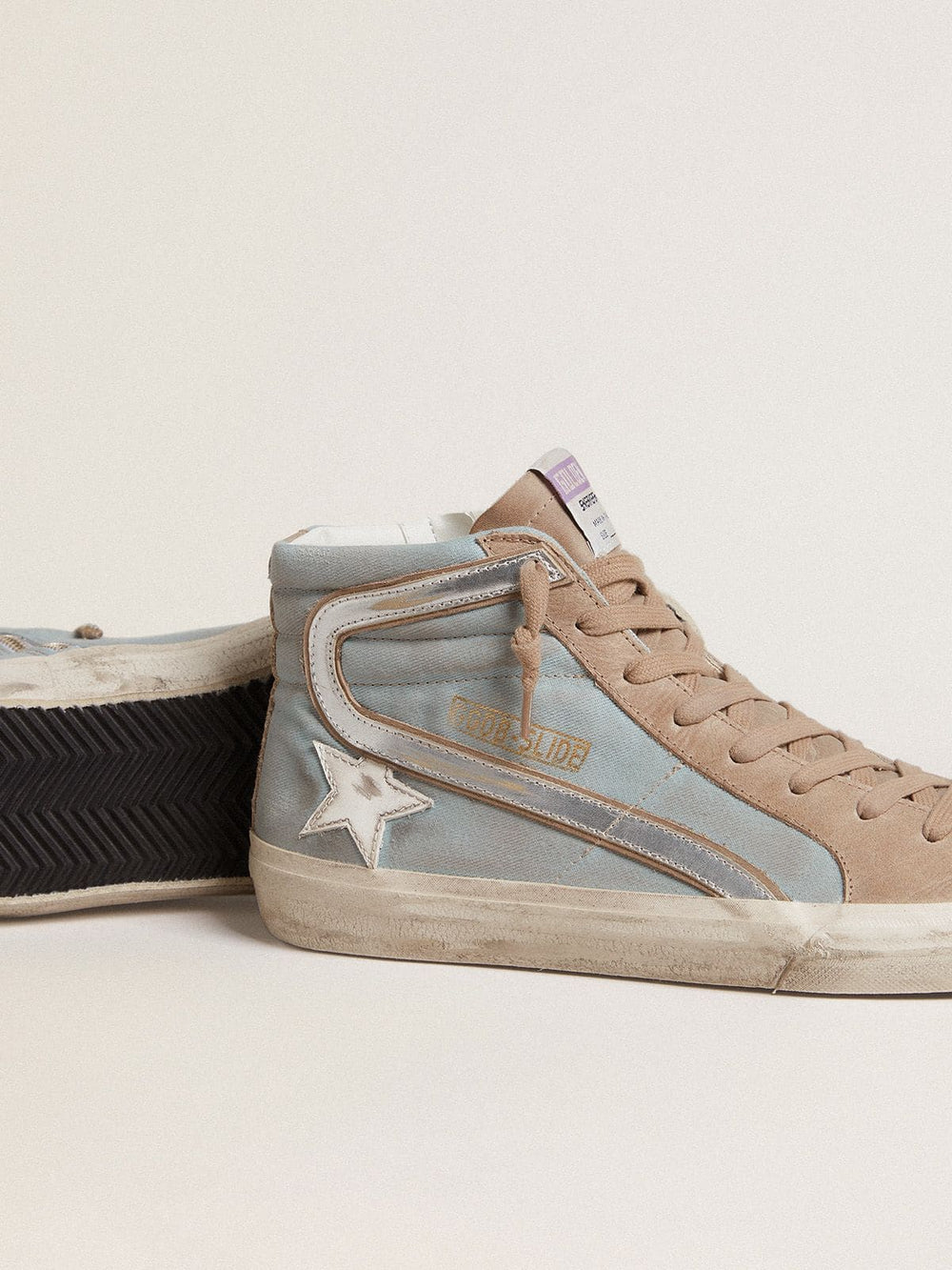 Golden Goose Men's Slide in light blue canvas with silver metallic leather flash