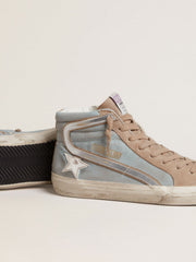 Golden Goose Men's Slide in light blue canvas with silver metallic leather flash