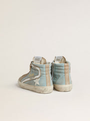 Golden Goose Men's Slide in light blue canvas with silver metallic leather flash