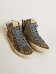 Golden Goose Men's Slide in gray suede with brown nubuck star and flash