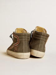 Golden Goose Men's Slide in gray suede with brown nubuck star and flash