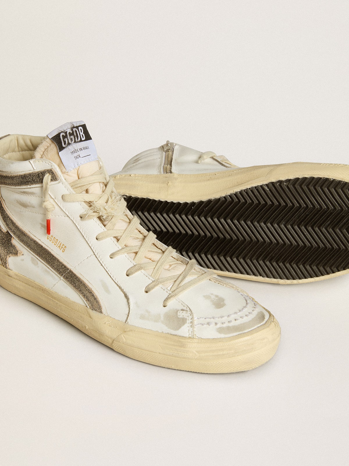Golden Goose Men’s Slide LAB in white leather with star and flash in brown suede