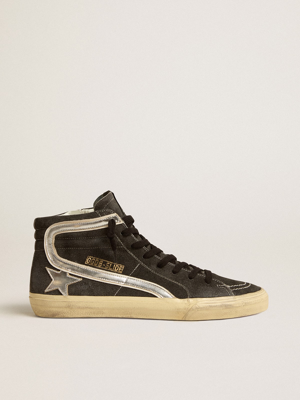 Golden Goose Slide in black suede with silver metallic leather star and flash