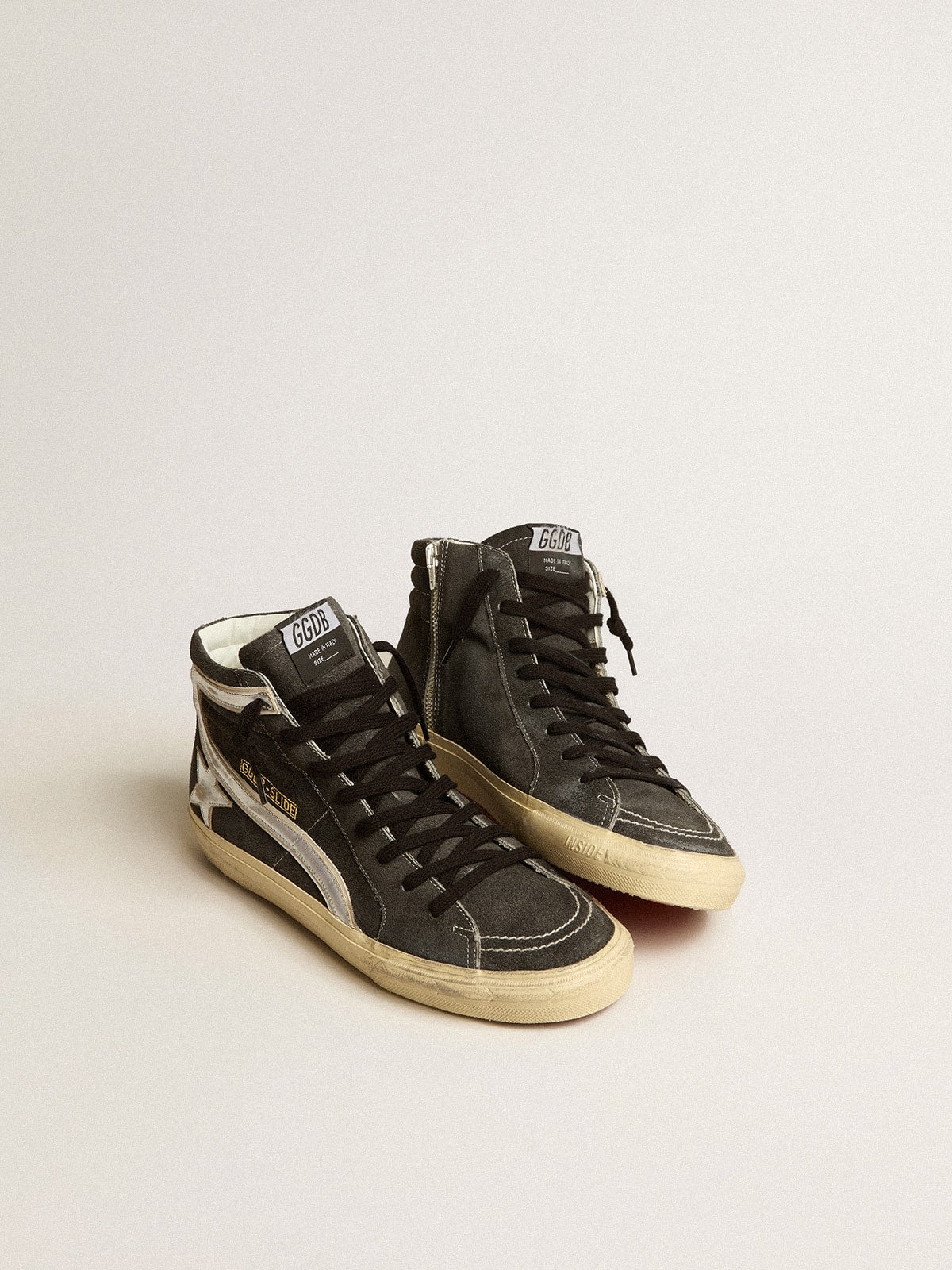 Golden Goose Slide in black suede with silver metallic leather star and flash