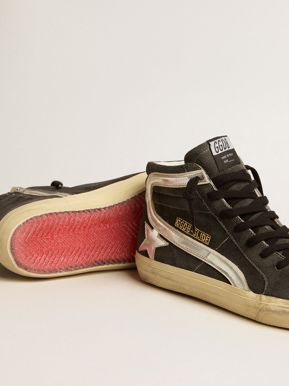 Golden Goose Slide in black suede with silver metallic leather star and flash