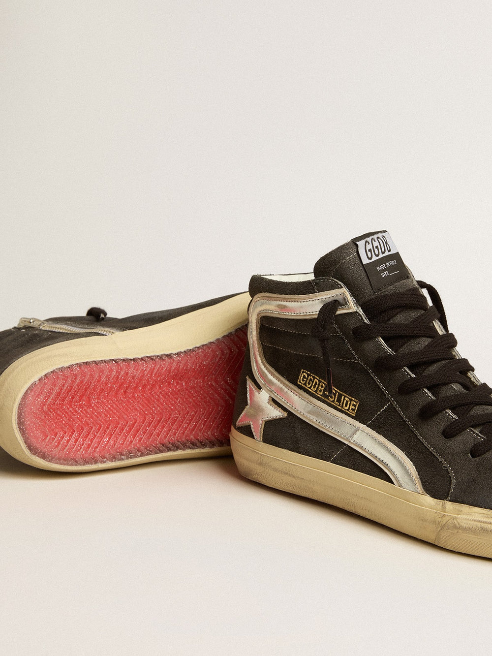 Golden Goose Slide in black suede with silver metallic leather star and flash