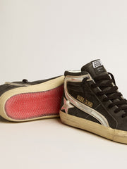 Golden Goose Slide in black suede with silver metallic leather star and flash