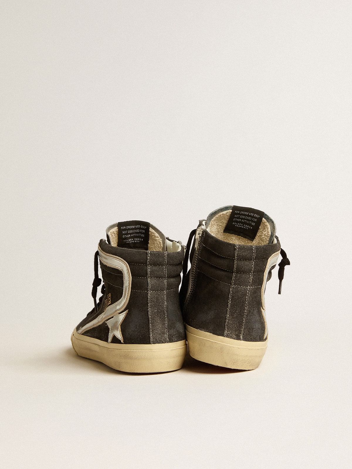 Golden Goose Slide in black suede with silver metallic leather star and flash