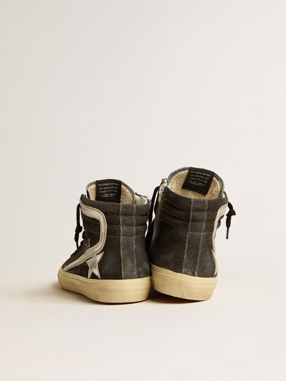 Golden Goose Slide in black suede with silver metallic leather star and flash