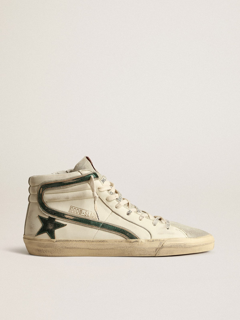 Golden Goose Slide in beige nappa with green laminated leather star and flash