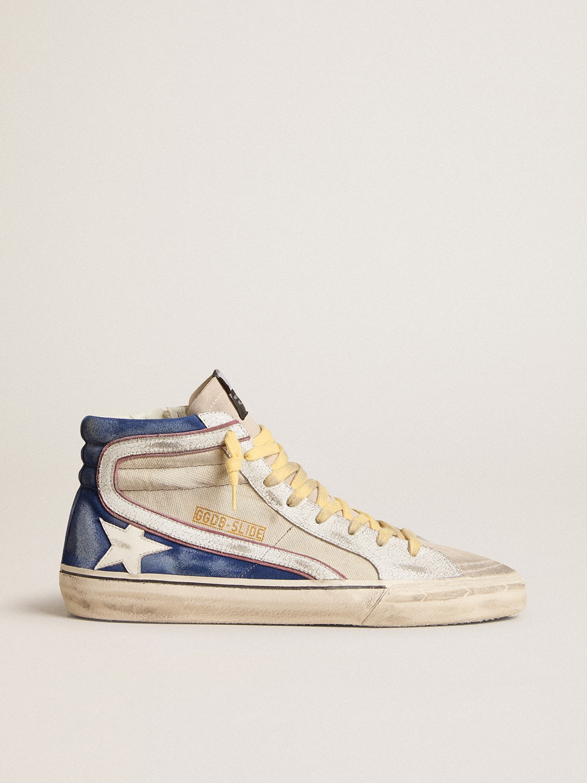 Golden Goose Slide in pearl canvas and blue suede with white leather star and flash