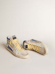 Golden Goose Slide in pearl canvas and blue suede with white leather star and flash