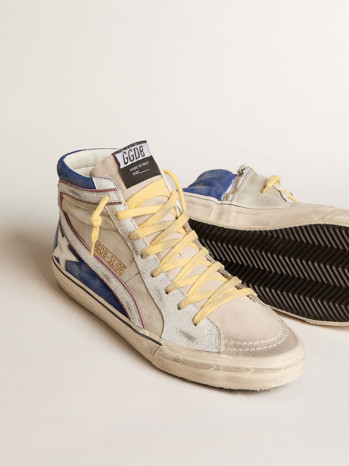 Golden Goose Slide in pearl canvas and blue suede with white leather star and flash