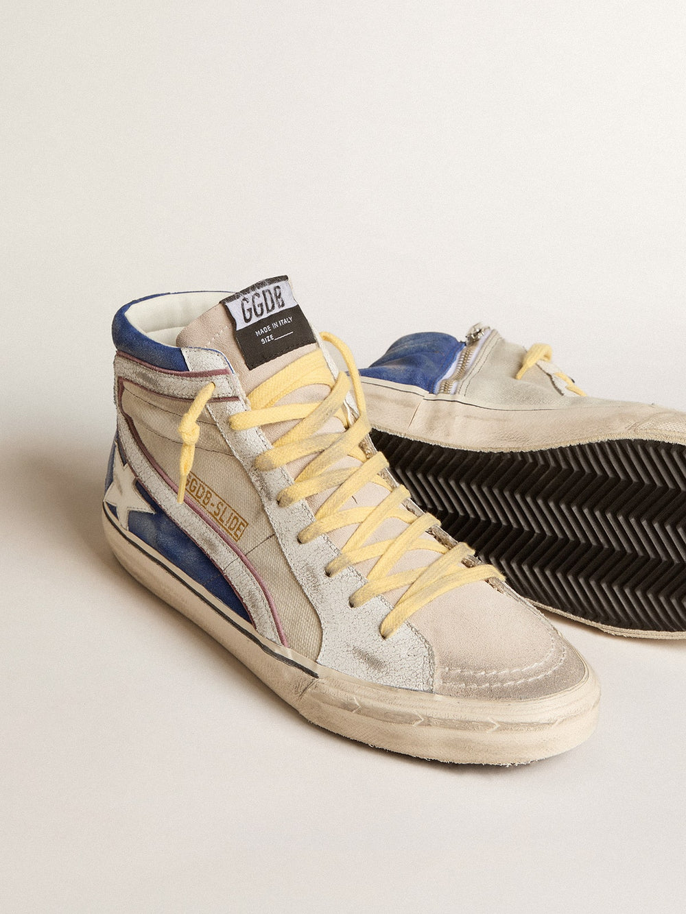 Golden Goose Slide in pearl canvas and blue suede with white leather star and flash
