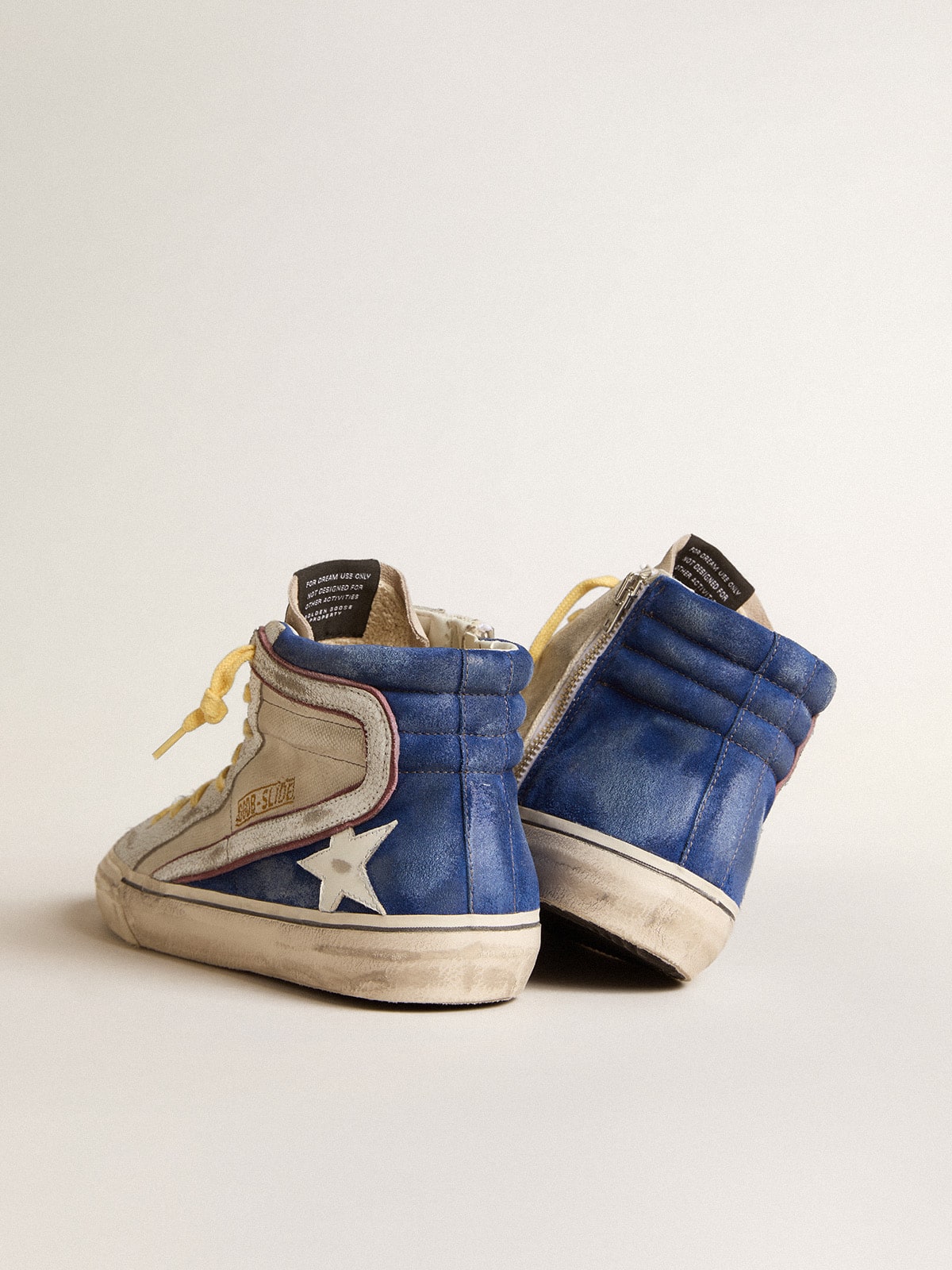 Golden Goose Slide in pearl canvas and blue suede with white leather star and flash
