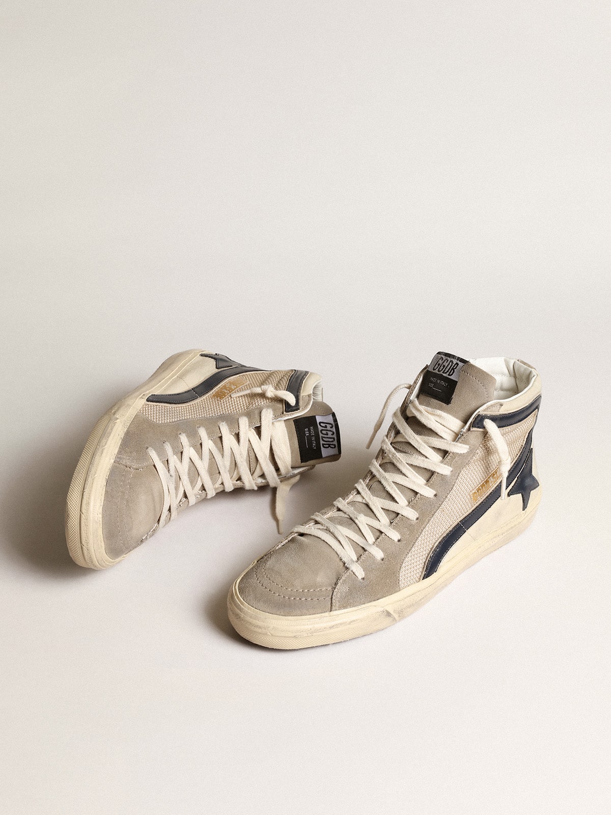 Golden Goose Slide in beige mesh and nylon with blue leather star and flash
