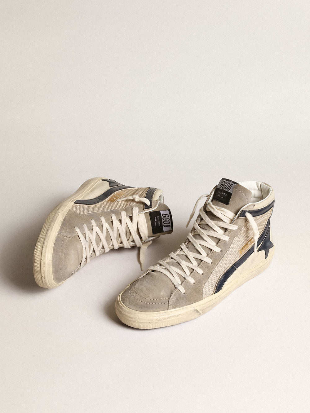 Golden Goose Slide in beige mesh and nylon with blue leather star and flash