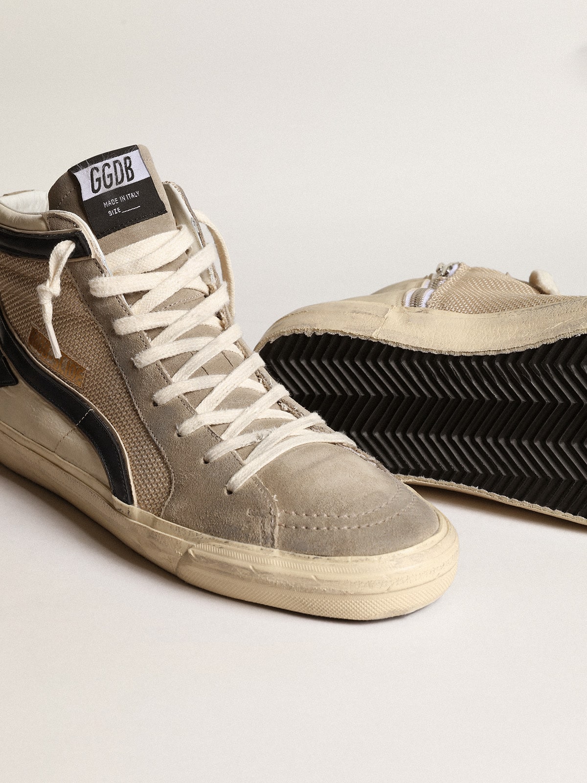 Golden Goose Slide in beige mesh and nylon with blue leather star and flash