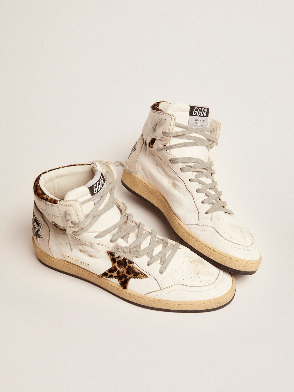 Golden Goose Sky-Star sneakers with signature on the ankle and leopard-print pony skin inserts