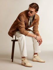 Golden Goose Men’s Sky-Star in white nappa leather with dove-gray suede star