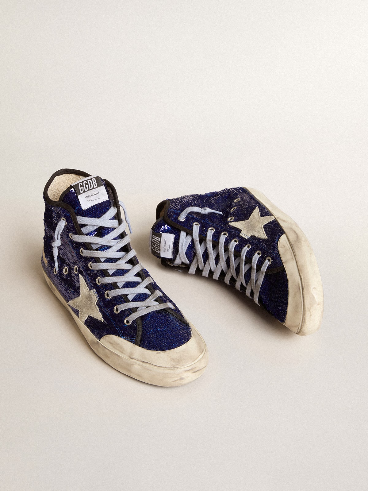 Golden Goose Men's Francy Penstar in blue sequins with ice-gray suede star