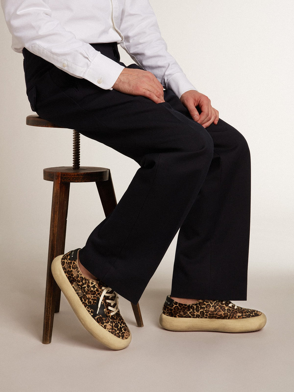 Golden Goose Men's Space-Star in leopard print pony skin with black star and heel