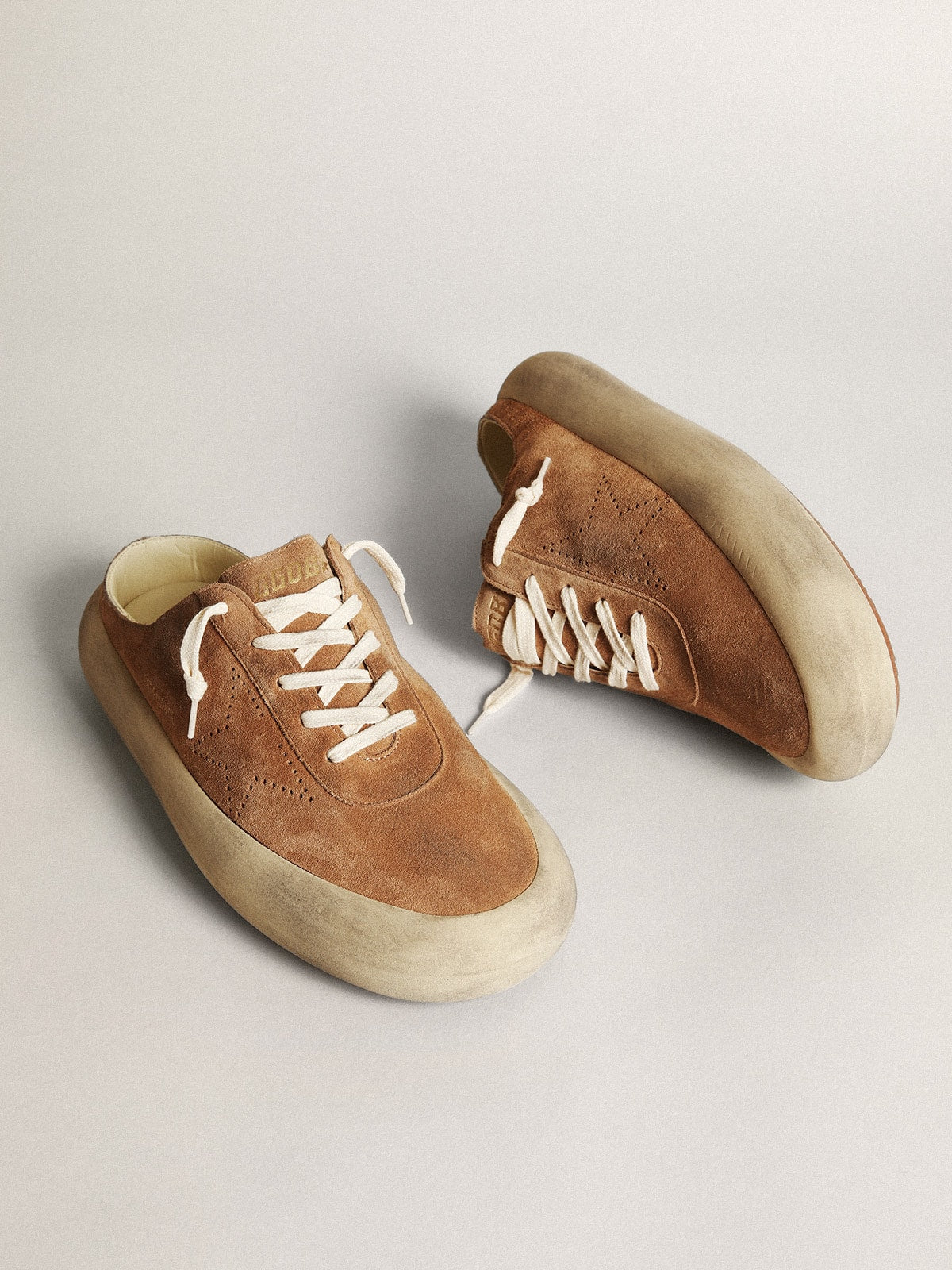 Golden Goose Men's Space-Star Sabots in tobacco suede with perforated star