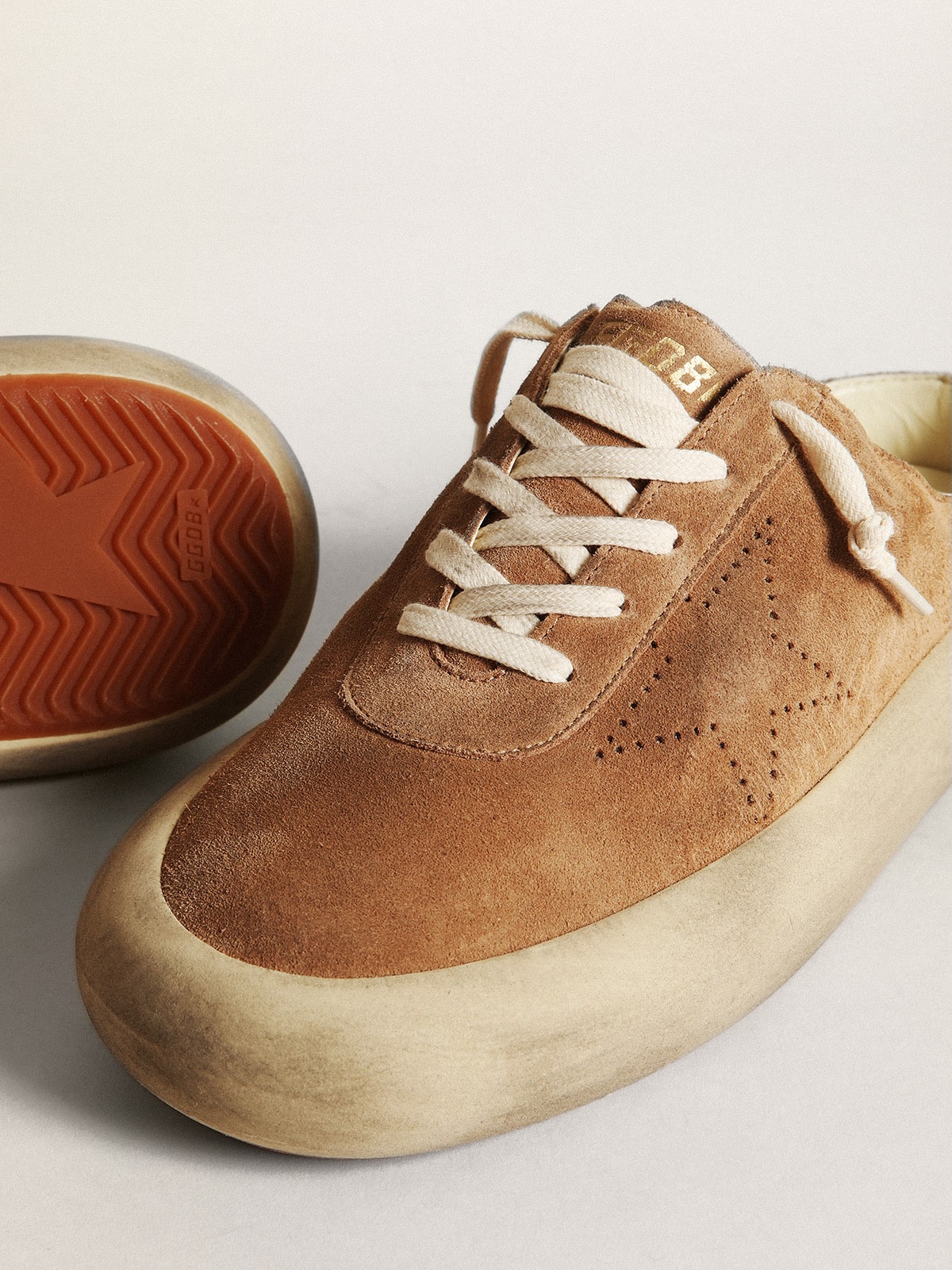 Golden Goose Men's Space-Star Sabots in tobacco suede with perforated star