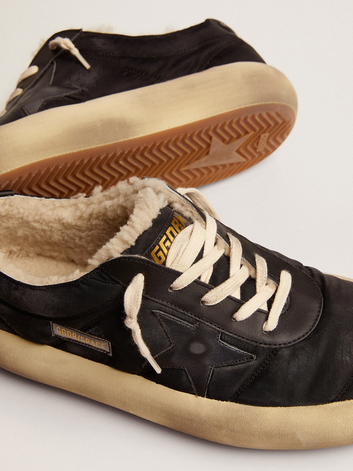 Golden Goose Men's Space-Star shoes in quilted black nylon with shearling lining