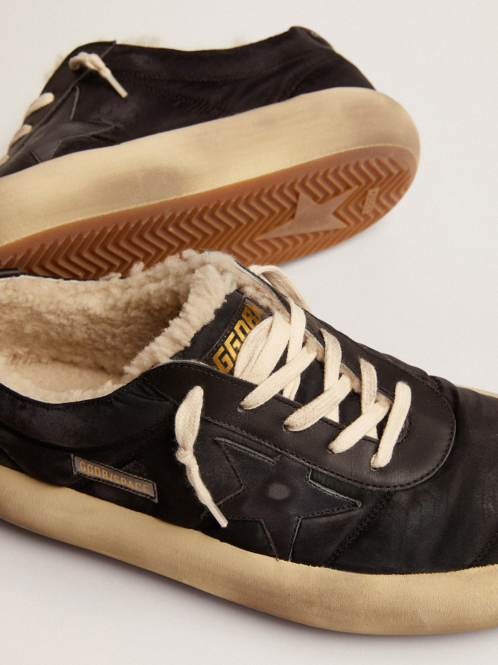 Golden Goose Men's Space-Star shoes in quilted black nylon with shearling lining