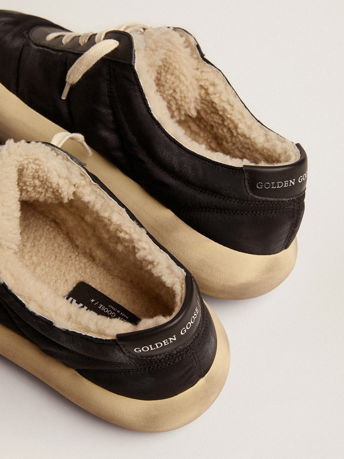 Golden Goose Men's Space-Star shoes in quilted black nylon with shearling lining