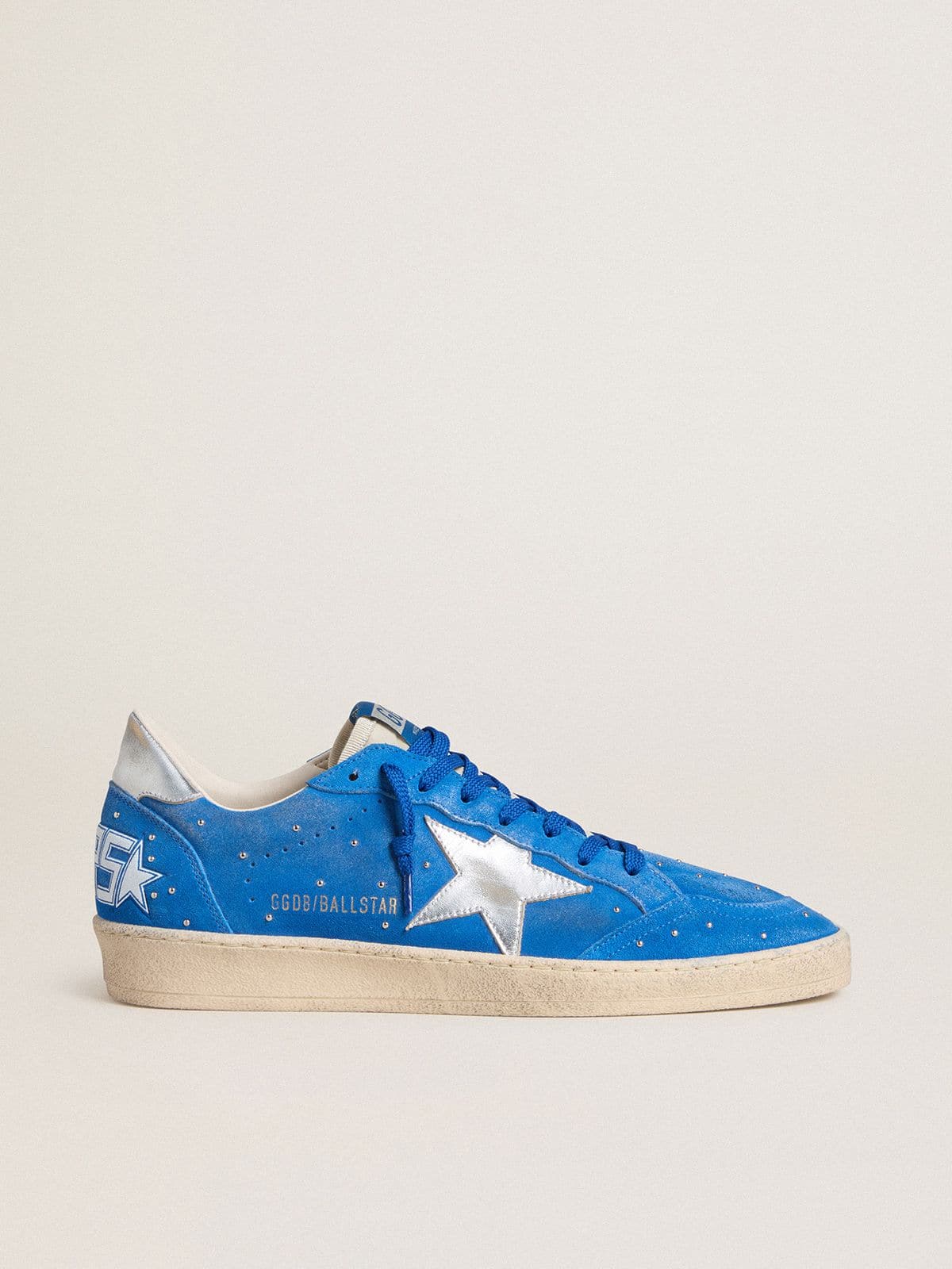 Golden Goose Men's Ball Star in light blue suede with studs and silver metallic leather star