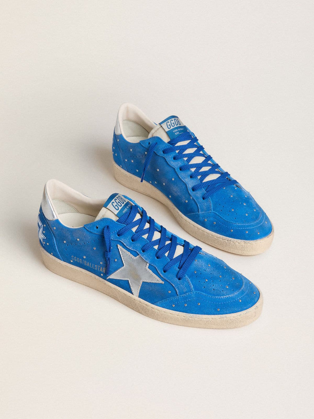 Golden Goose Men's Ball Star in light blue suede with studs and silver metallic leather star