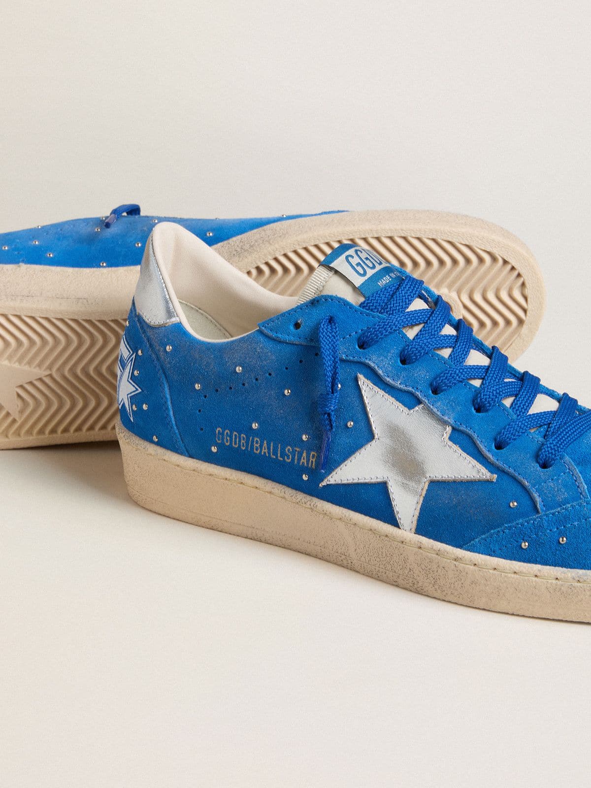 Golden Goose Men's Ball Star in light blue suede with studs and silver metallic leather star