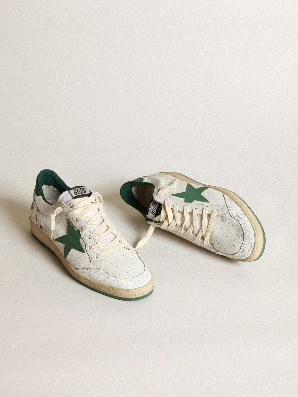 Golden Goose Men's Ball Star in white nappa leather with green leather star and heel tab