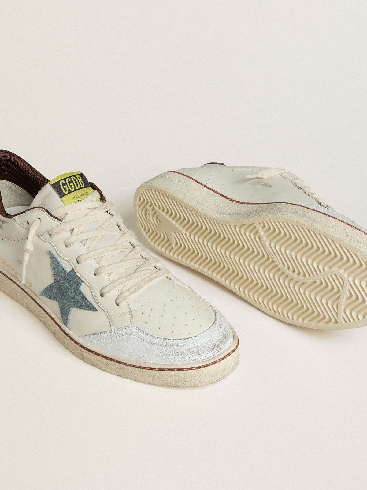 Golden Goose Men's Ball Star in white leather with light blue suede star and brown nubuck heel tab