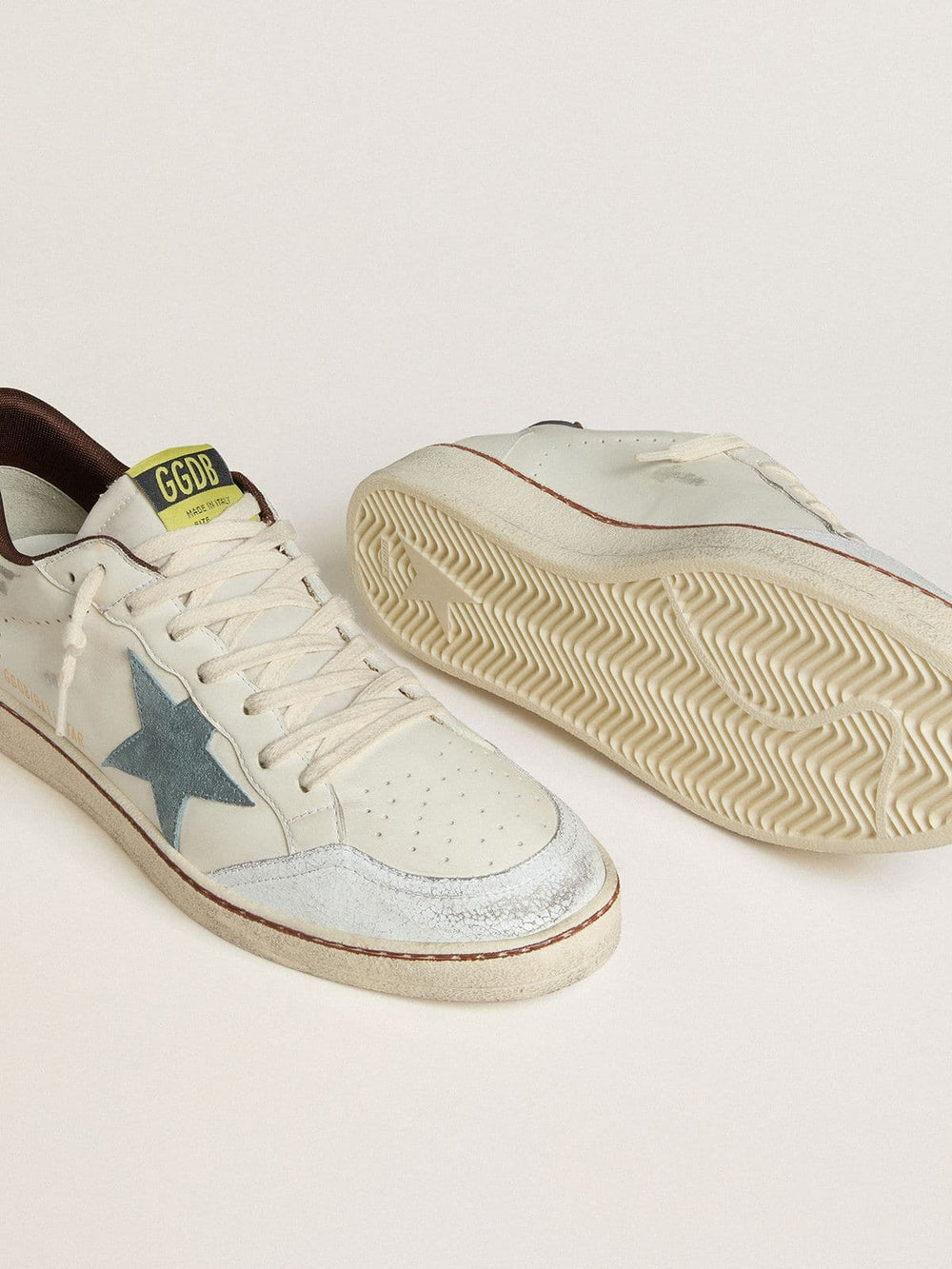Golden Goose Men's Ball Star in white leather with light blue suede star and brown nubuck heel tab