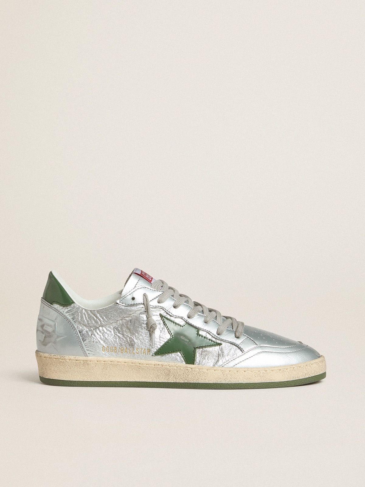 Golden Goose Men's Ball Star in silver nylon with green leather star and heel tab