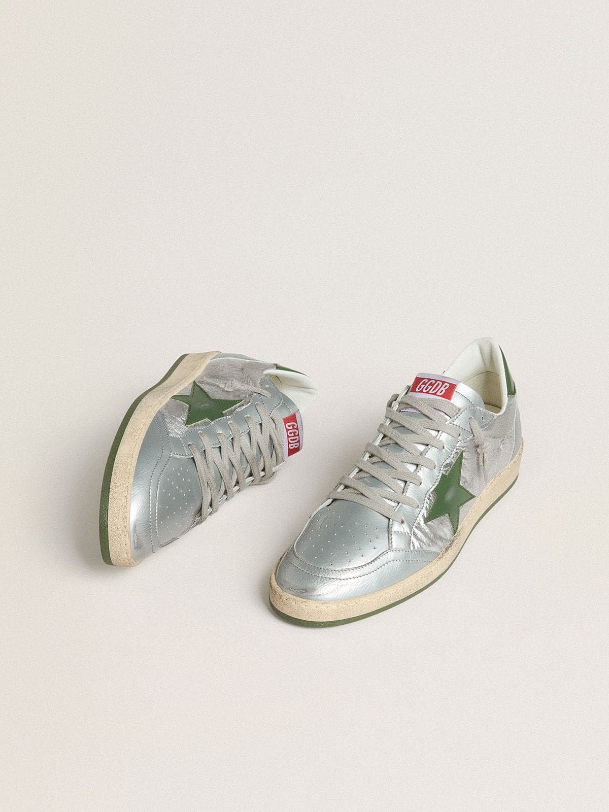 Golden Goose Men's Ball Star in silver nylon with green leather star and heel tab