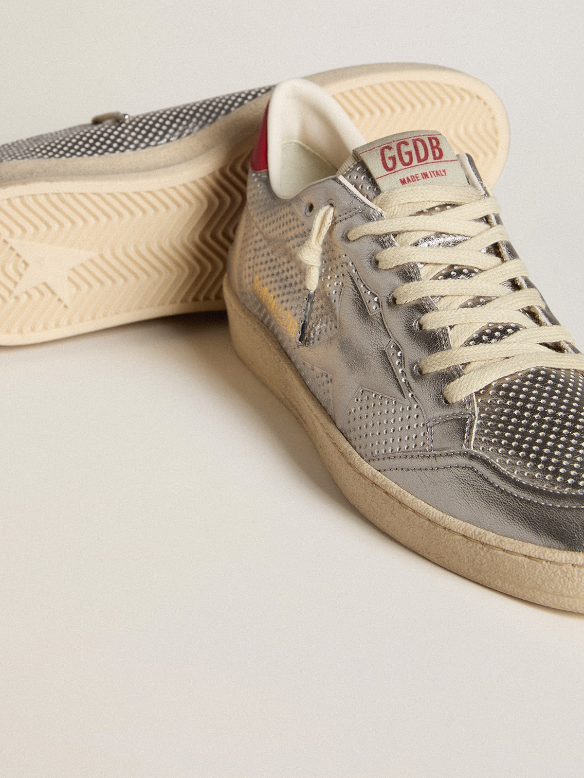 Golden Goose Bio-based Ball Star in metallic silver with silver star and red heel tab