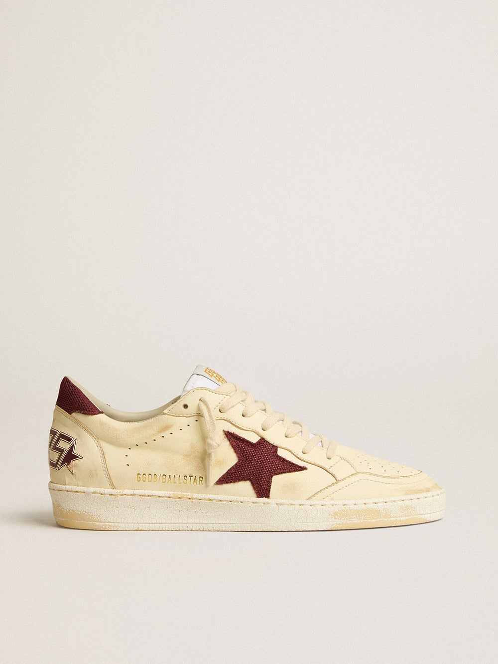 Golden Goose Men's Ball Star in beige nappa with burgundy mesh star and heel tab