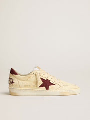 Golden Goose Men's Ball Star in beige nappa with burgundy mesh star and heel tab