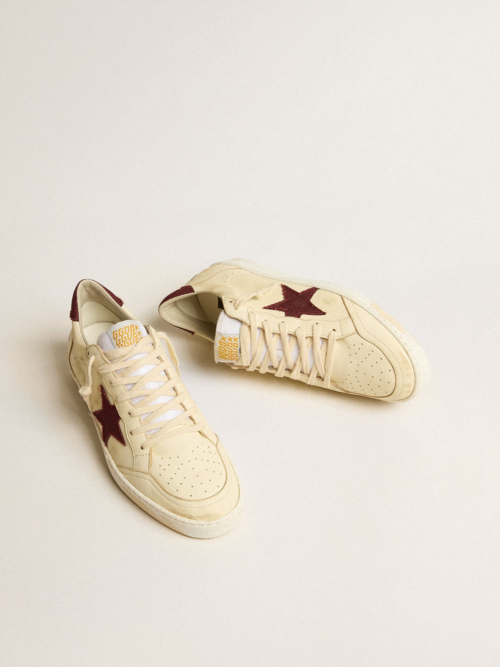 Golden Goose Men's Ball Star in beige nappa with burgundy mesh star and heel tab